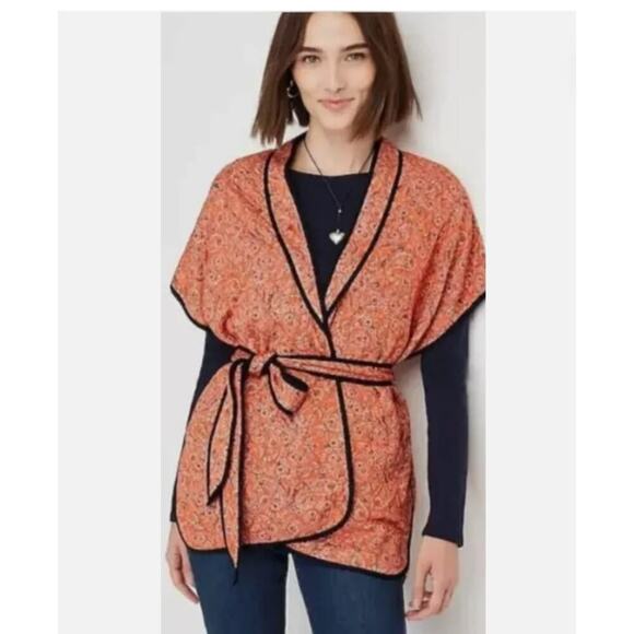 j. Jill Belted Quilted Ruana Sunset Paisley Front Tie Vest Jacket S-L one size - Picture 1 of 6